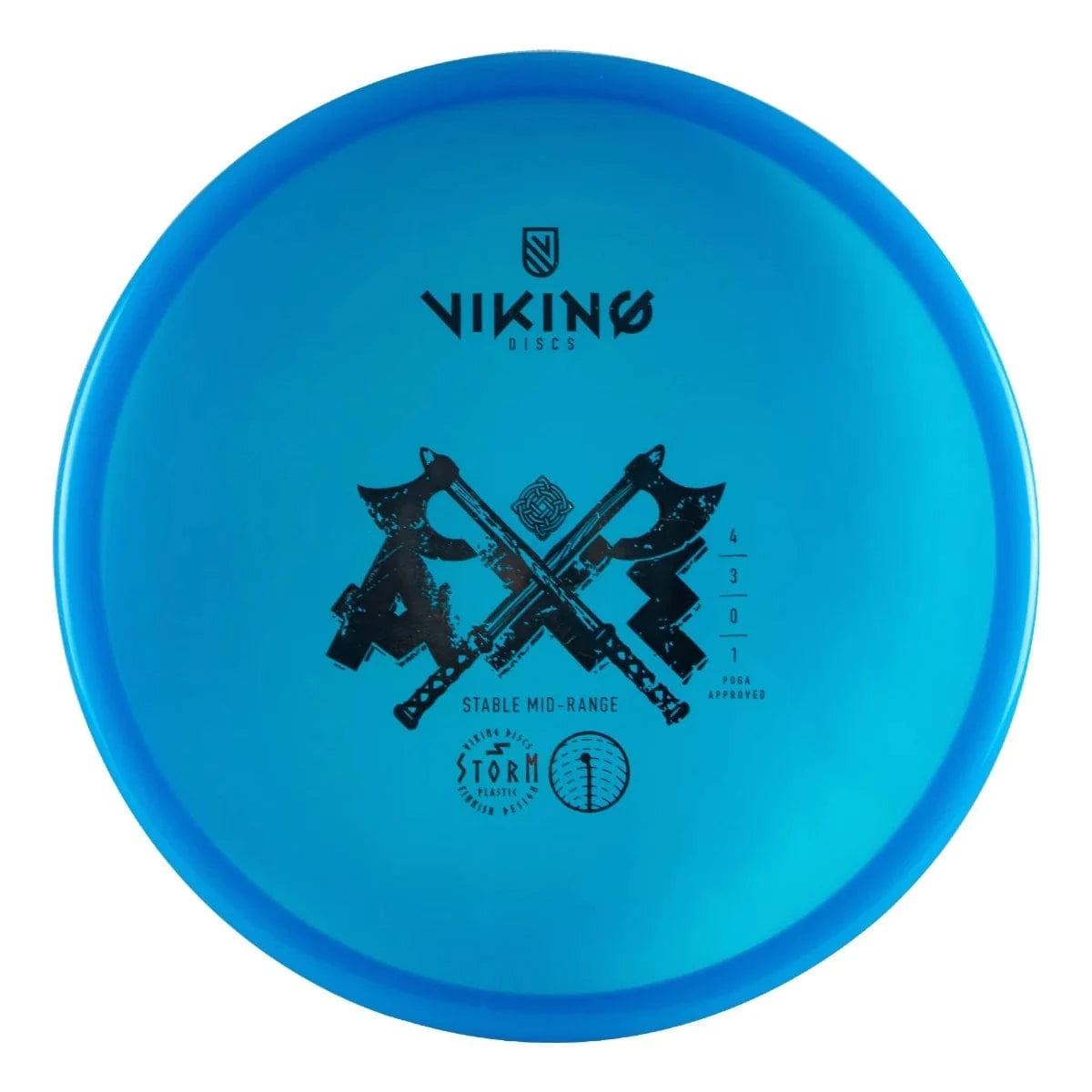 Blue disc with Viking logo and crossed axes.